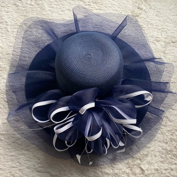 NEW Derby Hat Church Formal Dress Navy Royal Blue and White Feather Fascinator - Picture 1 of 10
